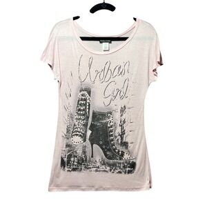 Y2K Pretty Good Urban Girl‎ Pink Studded Heels Graphic T Shirt Short Sleeve USA